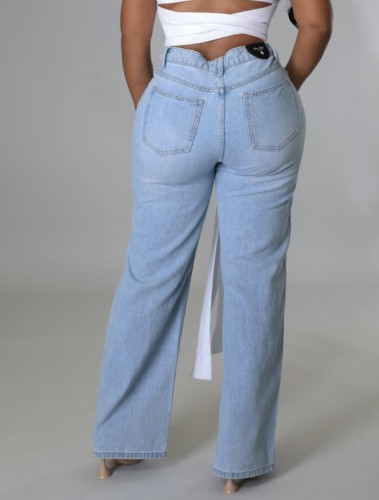 Lt-Blue Straight High Waist Zip Fly Ripped Jeans Pants with Pocket