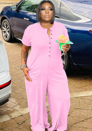 Plus Size Pink Button Up O-Neck Short Sleeves Loose Jumpsuit with Pocket