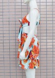 Floral Print White V-Neck Sleeveless Cami Ruffle Mini Layered Dress