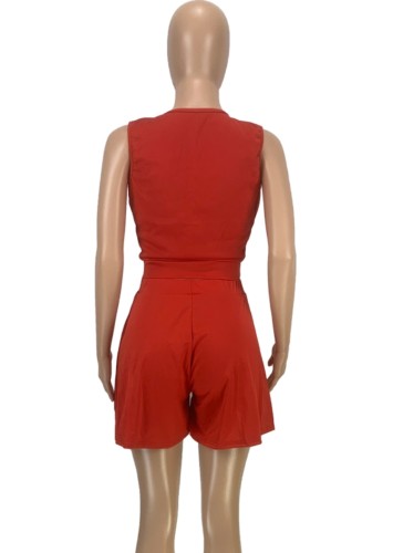 Red V-Neck Sleeveless Crop Top and High Waist Pleated Shorts 2PCS Set