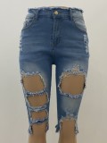 Blue High Waist Zip Fly Hollow Out Distressed Midi Jeans Shorts