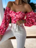 Floral Print Pink Off Shoulder Sweetheart Collar Lantern Sleeve Shirt