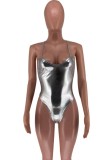Silver Metallic Cami Bodysuit and Hollow Out Flare Pants 2PCS Set