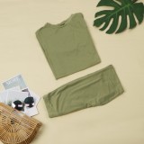 Green O-Neck Short Sleeves Top and High Waist Fitted Pants 2PCS Set