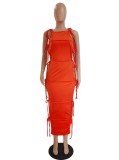 Plus Size Orange O-Neck Sleeveless Lace Up Maxi Pencil Dress