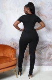 Black Zipper Up Midi Neck Short Sleeves Skinny Jumpsuit