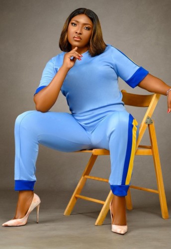 Blue O-Neck Patchwork Short Sleeves Shirt and High Waist Pants 2PCS Set