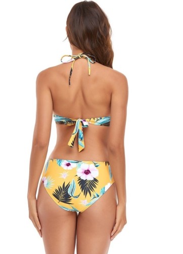 Floral Print Yellow Cami Halter Bikini and Cover-Up Swimwear 3PCS Set