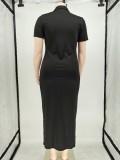 Plus Size Black Turndown Collar Short Sleeves Button Up Tight Long Dress