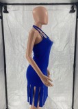 Blue Cami Halter Sleeveless Tassel Bodycon Midi Dress