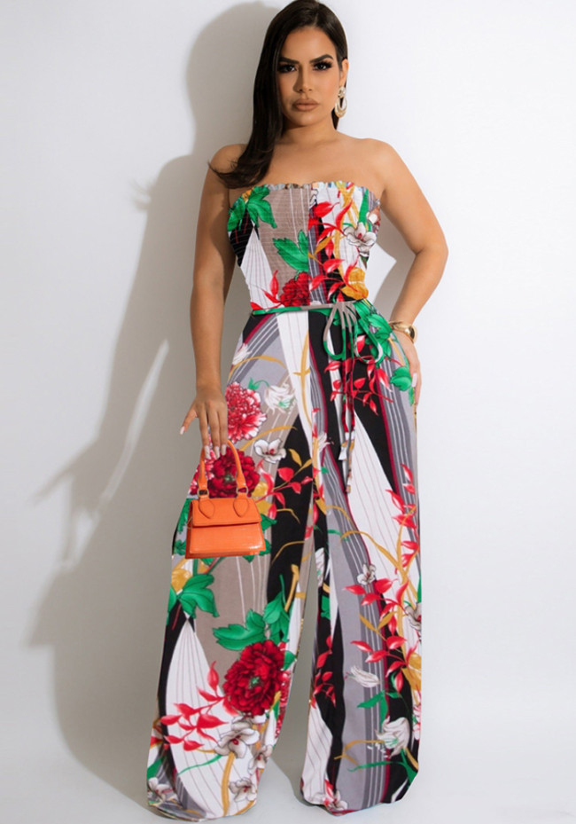 Floral Print Strapless Sleeveless Elasticated Wide Leg Jumpsuit with Belt