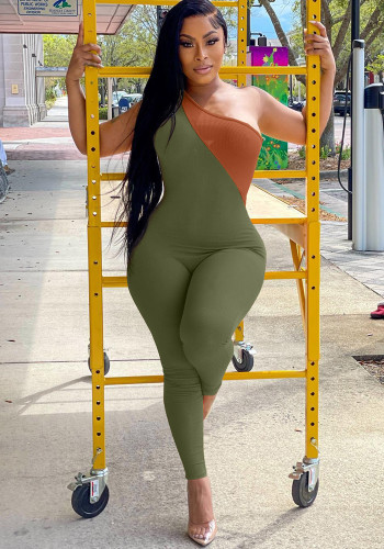 Green Slash Neck Sleeveless Color Block Zip Slim Fit Jumpsuit