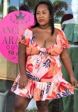 Plus Size Leaf Print Pink Short Sleeves Crop Top and Ruffle Skirt 2PCS Set