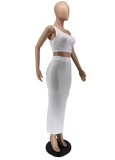 White One Shoulder Sleeveless Crop Top and High Waist Slit Skirt 2PCS Set