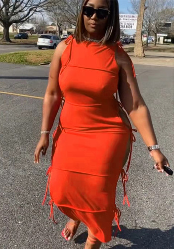 Plus Size Orange O-Neck Sleeveless Lace Up Maxi Pencil Dress