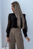 Black Lace Patchwork Turndown Collar Long Sleeves Blouse