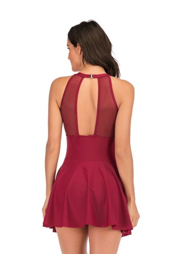 Red O-Neck Sleeveless Pleated One Piece Swimsuit