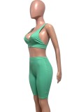 Green V-Neck Sleeveless Crop Top and High Waist Fitted Shorts 2PCS Set