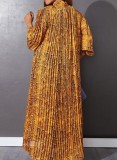Snakeskin Print Yellow Turtleneck 3/4 Sleeve Loose Maxi Pleated Dress