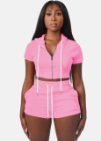 Pink Short Sleeves Drawstring Hoody Crop Top and Shorts 2PCS Set