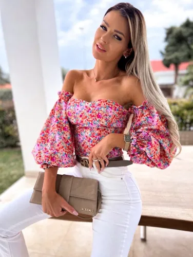 Floral Print Off Shoulder Sweetheart Collar Lantern Sleeve Shirt