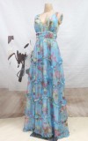 Floral Print Blue V-Neck Sleeveless Ruffle Loose Maxi Dress