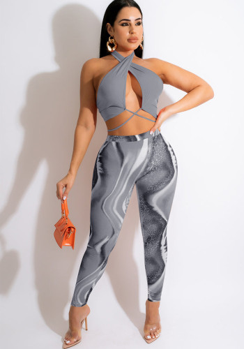 Grey Halter Sleeveless Crop Top and High Waist Print Tight Pants 2PCS Set