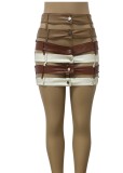Color Block PU Leather High Waist Button Fly Cut Out Mini Skirts