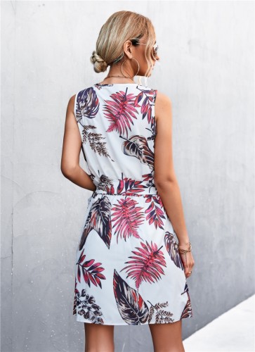 Floral Print White V-Neck Sleeveless Zip Up A-line Mini Dress with Belt