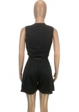 Black V-Neck Sleeveless Crop Top and High Waist Pleated Shorts 2PCS Set