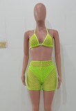 Green Halter Triangle Cami Bikini and High Waist Shorts 3PCS Set
