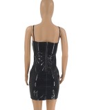 Black PU Leather Cami Sleeveless Hole Bodycon Mini Dress
