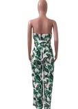 Green Leaf Print White Strapless Elasticated Jumpsuit with Belt