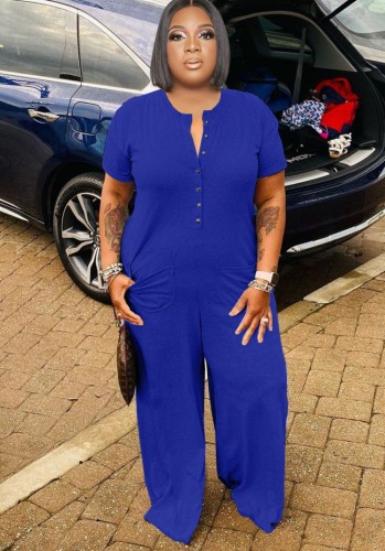 Plus Size Blue Button Up O-Neck Short Sleeves Loose Jumpsuit with Pocket