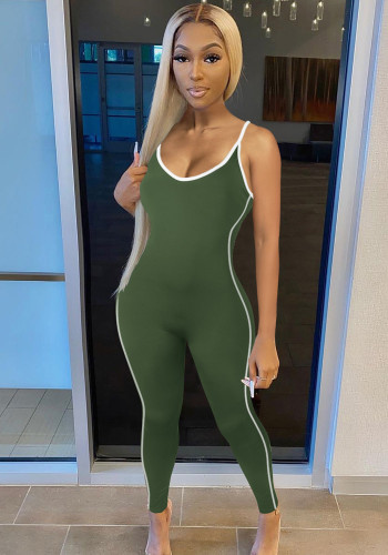 Army Green Cami Sleeveless Slim Fit Piping Jumpsuit