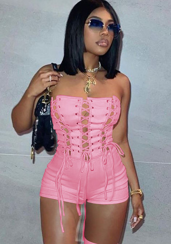 Pink Strapless Sleeveless Lace Up Slim Fit Rompers