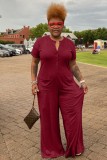 Plus Size Burgunry Button Up O-Neck Short Sleeves Loose Jumpsuit with Pocket