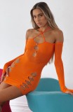 Orange Square Neck Hollow Out Mini Sheath Dress with Half Gloves