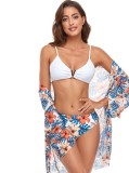 Floral Print White Cami Bikini and Long Cardigan Swimwear 3PCS Set