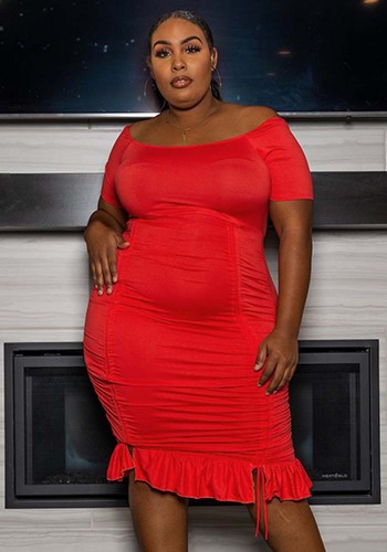 Plus Size Red Off Shoulder Short Sleeves Ruffle Fitted Midi Dress