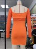 Orange Square Neck Hollow Out Mini Sheath Dress with Half Gloves