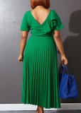 Green V-Neck Short Sleeves Ruffle Long Pleated Dress