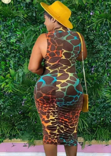 Print Brown Sleeveless Zip Ruched Bodycon Midi Dress
