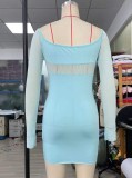Blue Square Neck Hollow Out Mini Sheath Dress with Half Gloves