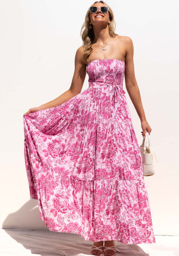 Floral Print Pink Strapless Sleeveless Elasticated Loose Maxi Dress with Belt