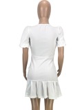 White Square Collar Puff Short Sleeve Bodycon Mini Pleated Dress