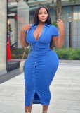 Plus Size Blue Turndown Collar Short Sleeves Button Up Tight Long Dress