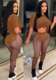 Brown Short Sleeves O-Neck Crop Top and Mesh See Through Pants 2PCS Set