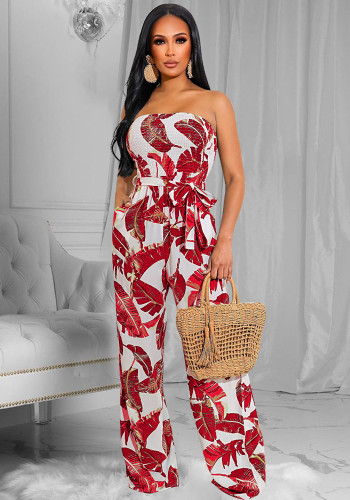 Red Leaf Print White Strapless Elasticated Jumpsuit with Belt