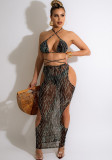 Print Black Cami Halter Bikini and Hollow Out Maxi Skirt 3PCS Swimwear